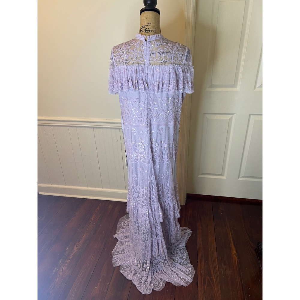 Mac Duggal 9195 Lavender Sequin Floral Lace Tiered Gown Ruffle Capelet Maxi - Picture 12 of 16